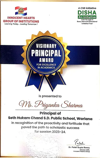 VISIONARY PRINCIPAL AWARD FOR EXCELLENCE IN ACADEMICS